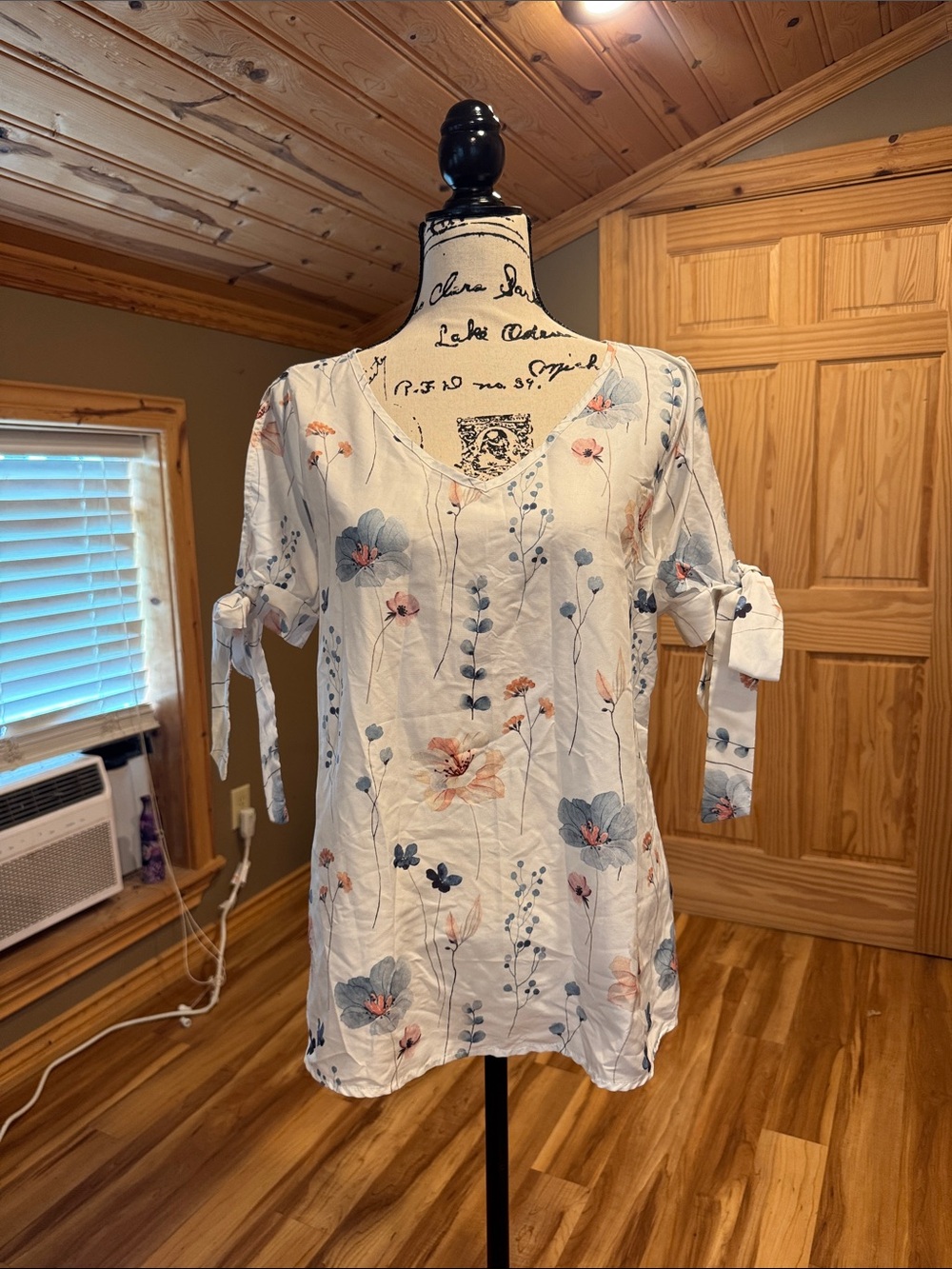 Floral V-Neck Tie-Sleeve Women’s Top - White with Blue & Pink Bloom